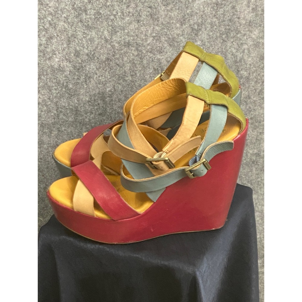 Kork-Ease Colorblock Leather Wedge Sandals Multicolor Strappy Platform‎ Heels 6 - Picture 2 of 9